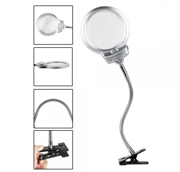 Nikula-2.5X130 MM 5X24 MM LED Aydınlatmalı Büyüteç,Masa üstü Metal Hortum Mandallı-MG15124-C