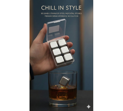 6'lı Çelik Metal Kaplama Viski Taşı Soğutma Buz Küpü