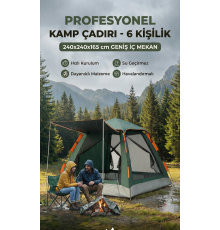 Tam Otomatik Su Ve Rüzgar Geçirmez Gölgelikli Tenteli 6 Kişilik Kamp Çadırı 240*240*155cm