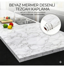 Beyaz Mermer Desenli Yapışkanlı Tezgah Folyosu (3 mt.x 60 cm)