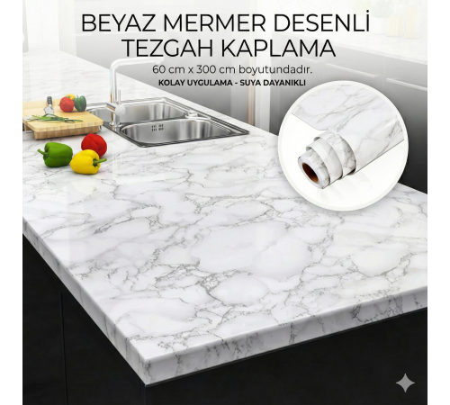 Beyaz Mermer Desenli Yapışkanlı Tezgah Folyosu (3 mt.x 60 cm)