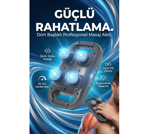 4 Başlıklı Masaj Tabancası - Ergonomik Derin Doku Sırt ve Boyun Masaj Aleti Ağrı ve Sızı Giderici