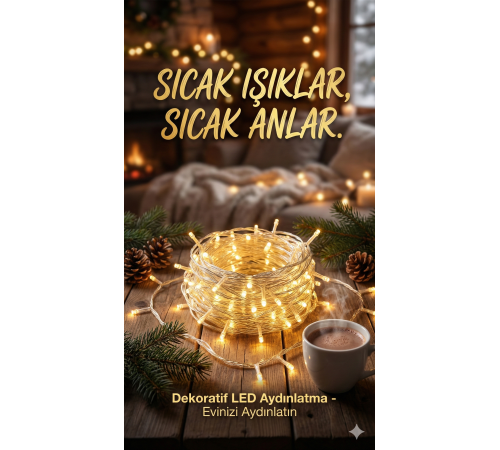 Yılbaşı Aydınlatması 100 LED Perde Hortum Sıcak Beyaz Işık - 10 Metre Dekoratif Şeffaf Kablolu Süs