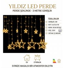 Yıldız Sarkıtlı Perde LED Aydınlatma - 3m Genişlik, 8 Modlu, Günışığı Renk,Ev Süsleme Işığı