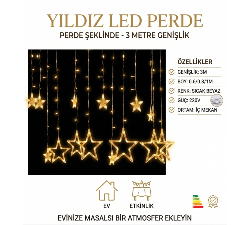 Yıldız Sarkıtlı Perde LED Aydınlatma - 3m Genişlik, 8 Modlu, Günışığı Renk,Ev Süsleme Işığı