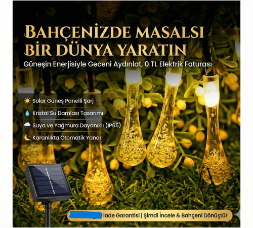 10 Led 2 Metre Sarı Kristal Su Damlası Güneş Enerjili Led Işık Solar Bahçe Ağaç Lamba Aydınlatması