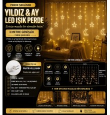 3 Metre Perde LED Işık Zinciri - Yıldız ve Ay Figürlü, Sarı Işık, Uç Uca Eklenebilir