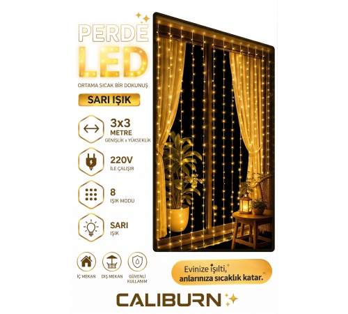 3x3m Premium Perde LED - 8 Fonksiyonlu, Su Geçirmez İç Dış Mekan Teras Dekor Işıkları