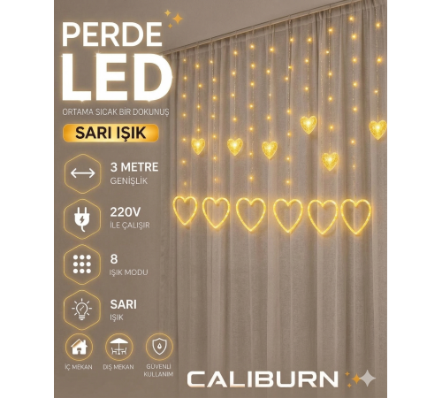 3 Metre 8 Modlu Kalp Perde LED Işık - Sarı (Sıcak Beyaz) Işık Dekoratif Işıklandırma Oda Dekoru