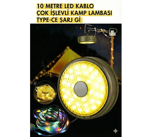 Şarjlı 10 Metre Ledli Şarj Göstergeli 8 Işık Modlu Hareketli Ve Flaşör Modlu Kamp Lambası Led Işık