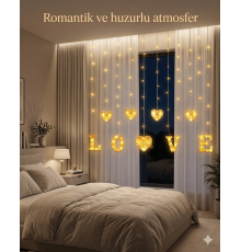 3 Metre Perde Led Işık - 8 Modlu Kalp ve LOVE Figürlü Dekoratif Animasyonlu Led