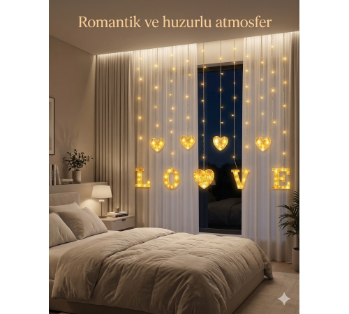 3 Metre Perde Led Işık - 8 Modlu Kalp ve LOVE Figürlü Dekoratif Animasyonlu Led
