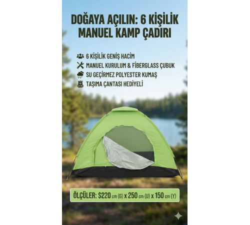 Kolay Kurulumlu Pratik Kamp Çadırı 6 Kişilik  (220x250x150)